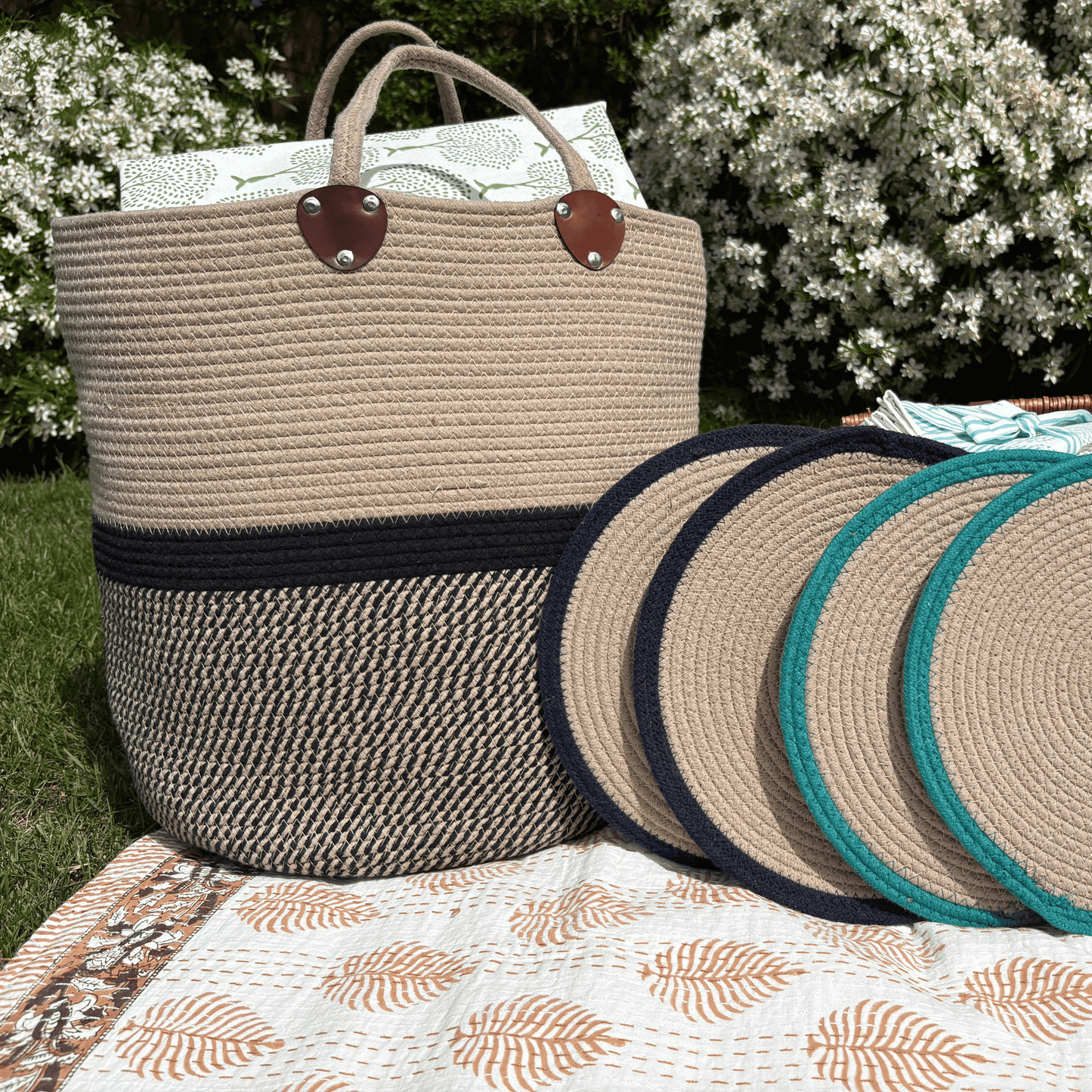 Handwoven Cotton Rope Storage Basket - Black and Beige