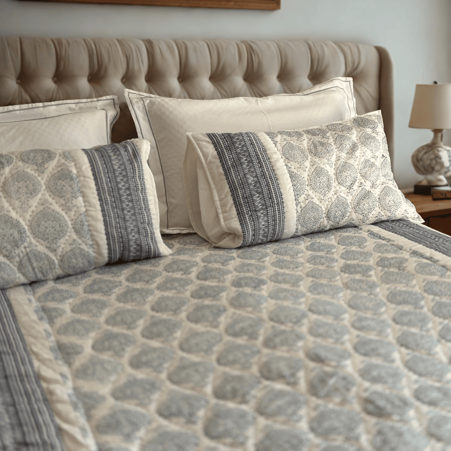 Blue Spade Design Hand Block Printed Cotton Quilt with Embroidered Section
