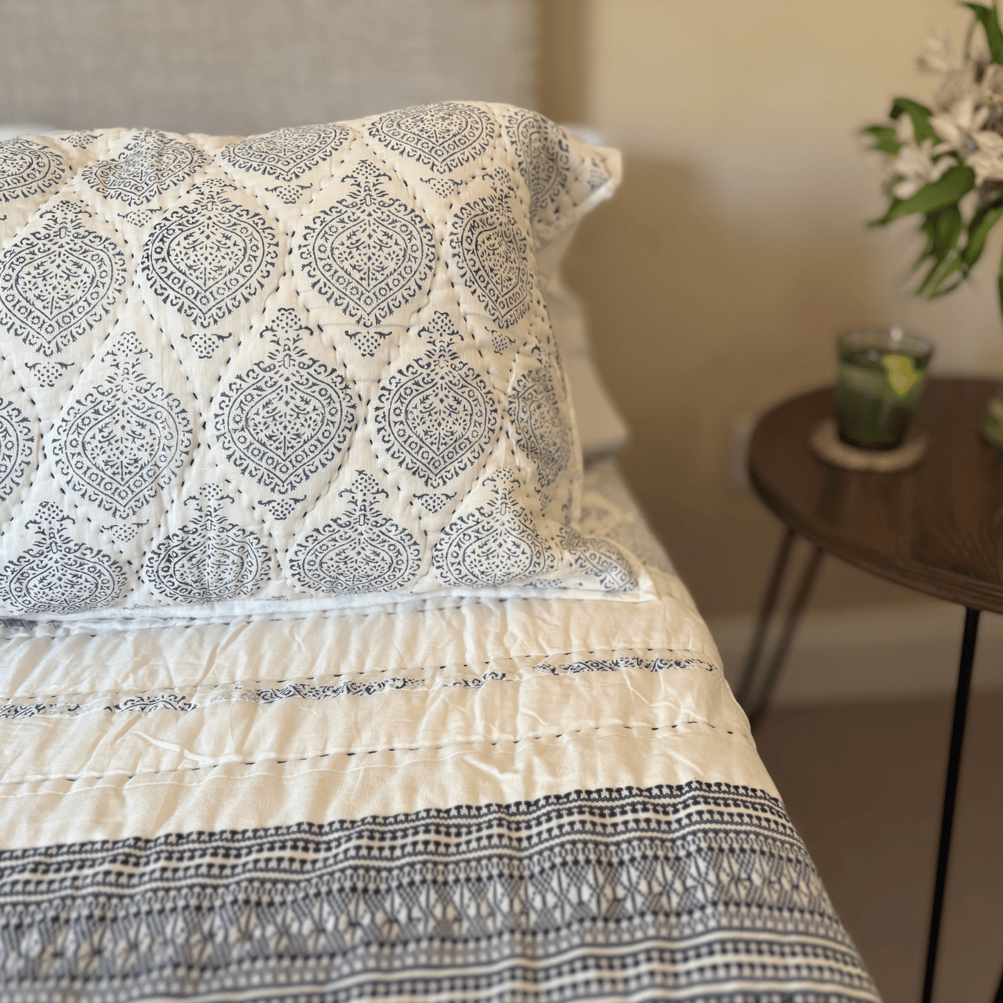Blue Spade Design Hand Block Printed Cotton Quilt with Embroidered Section