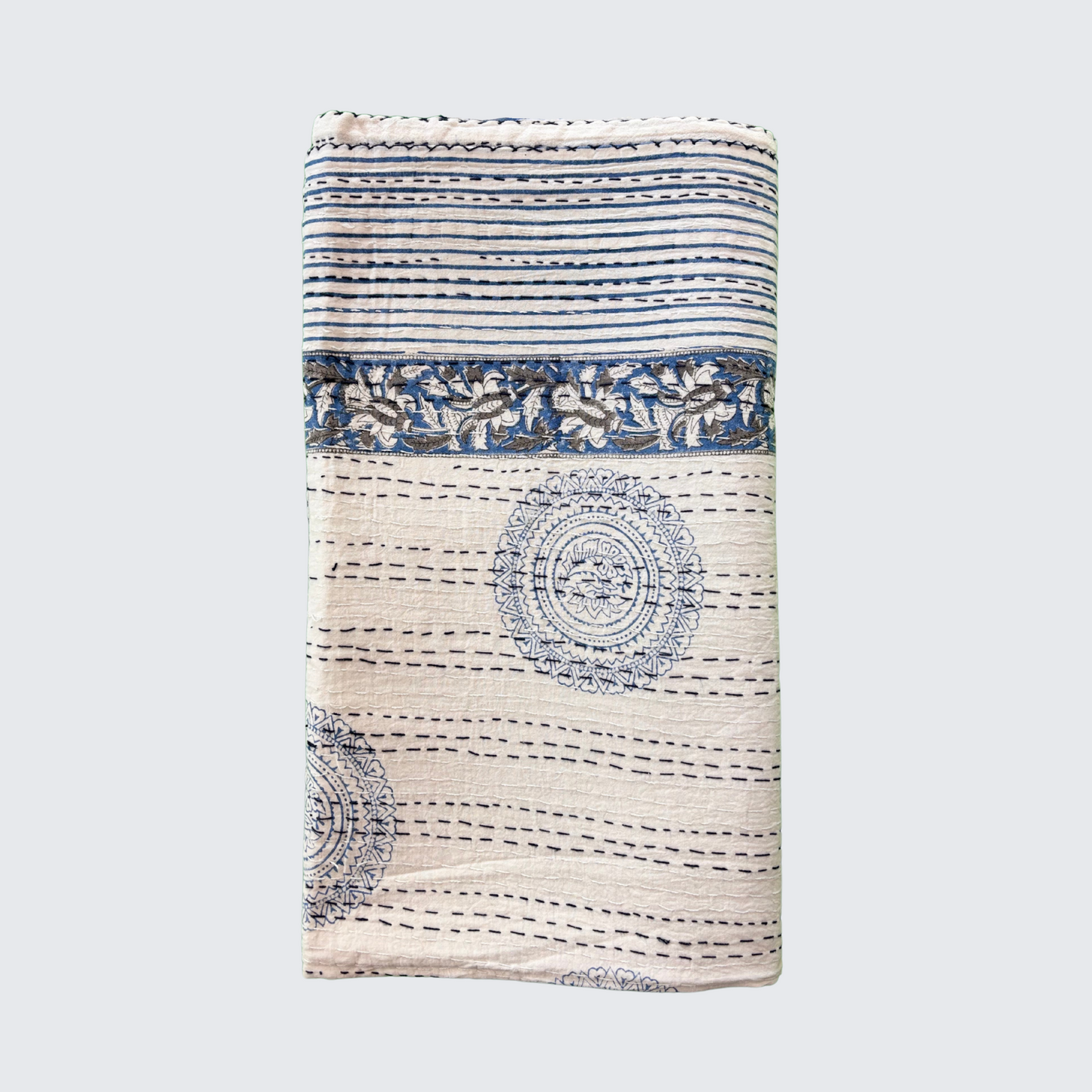Kantha Quilt. Blue and White Circle Design Hand Block Printed