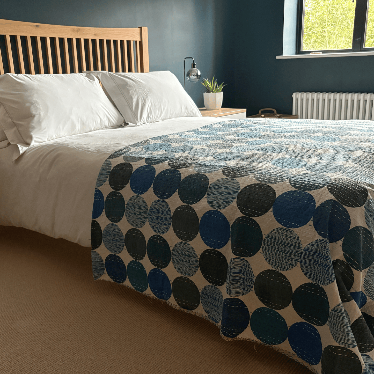 Blue Circles Cotton Kantha Quilt