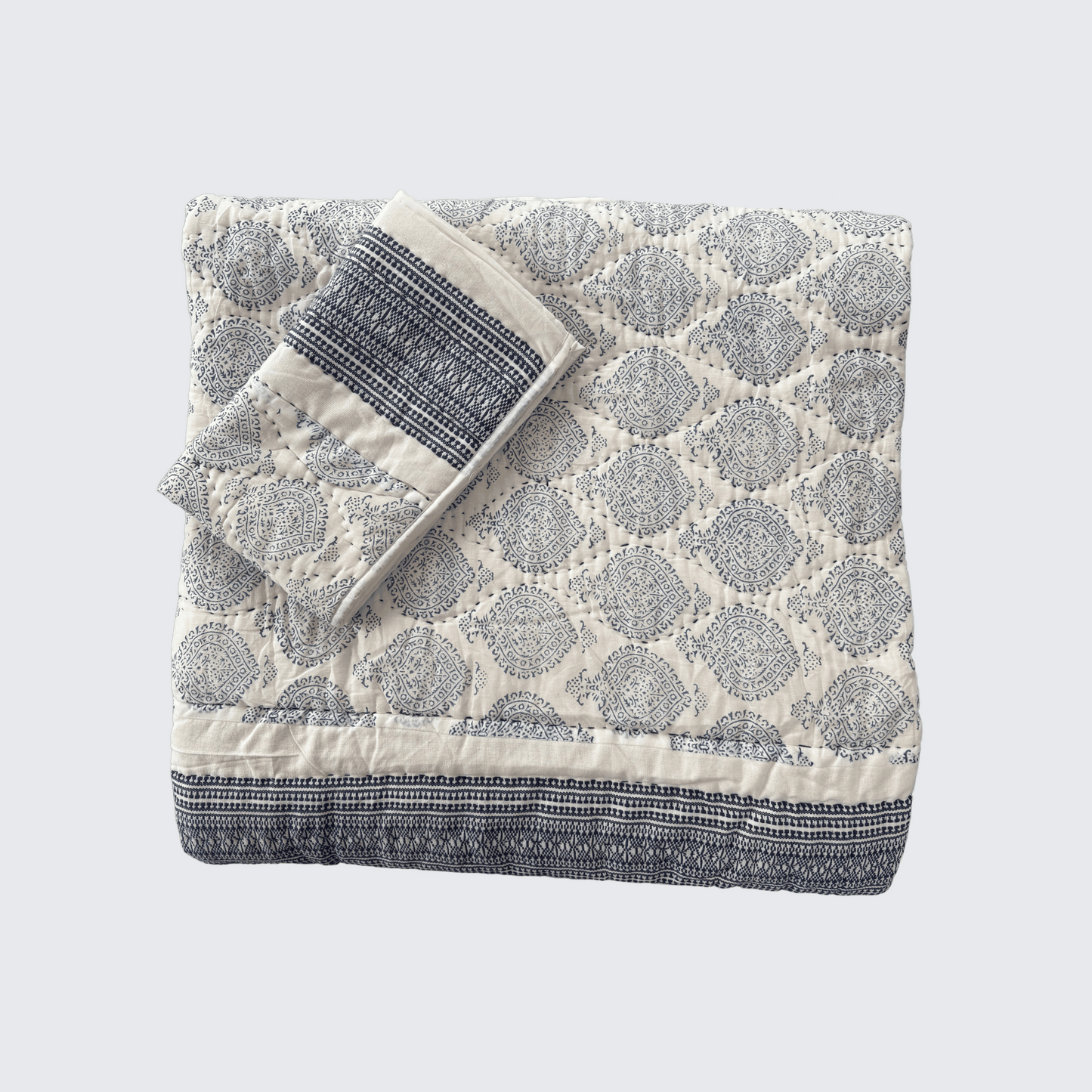 Blue Spade Design Hand Block Printed Cotton Quilt with Embroidered Section