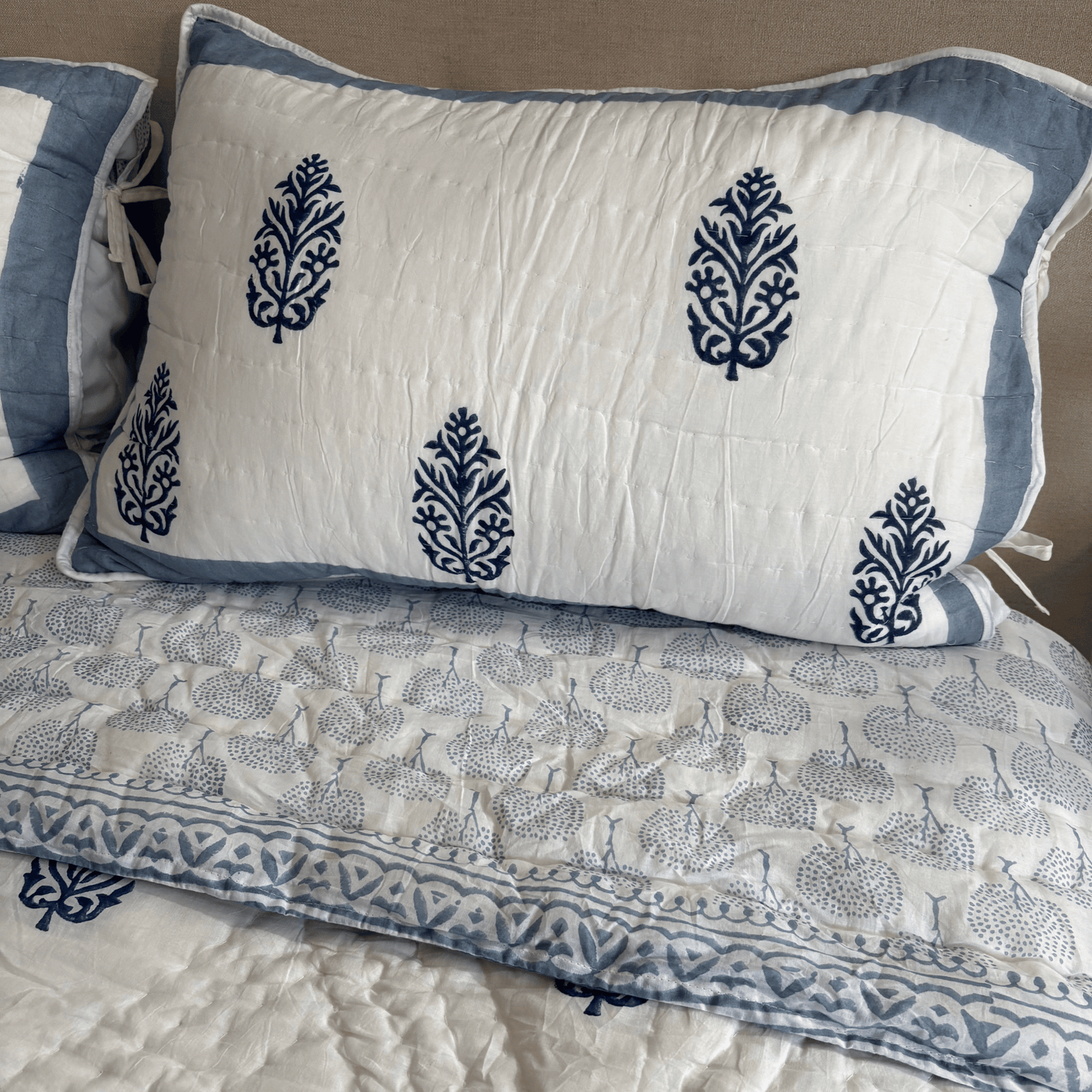 Navy Blue and Teal Design, Reversible Hand Block Printed Quilt with Two Pillow Cases