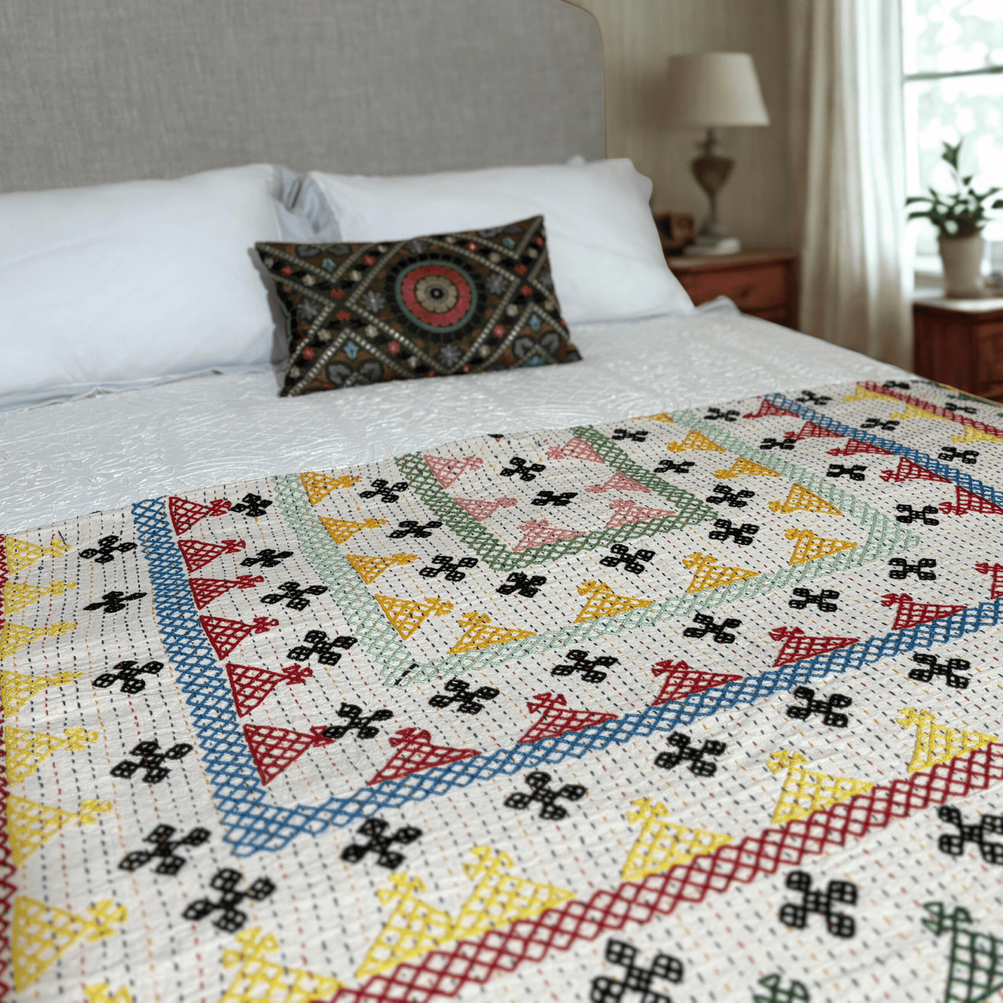 Hand Embroidered Kantha Quilt - Multi Coloured with Green Border