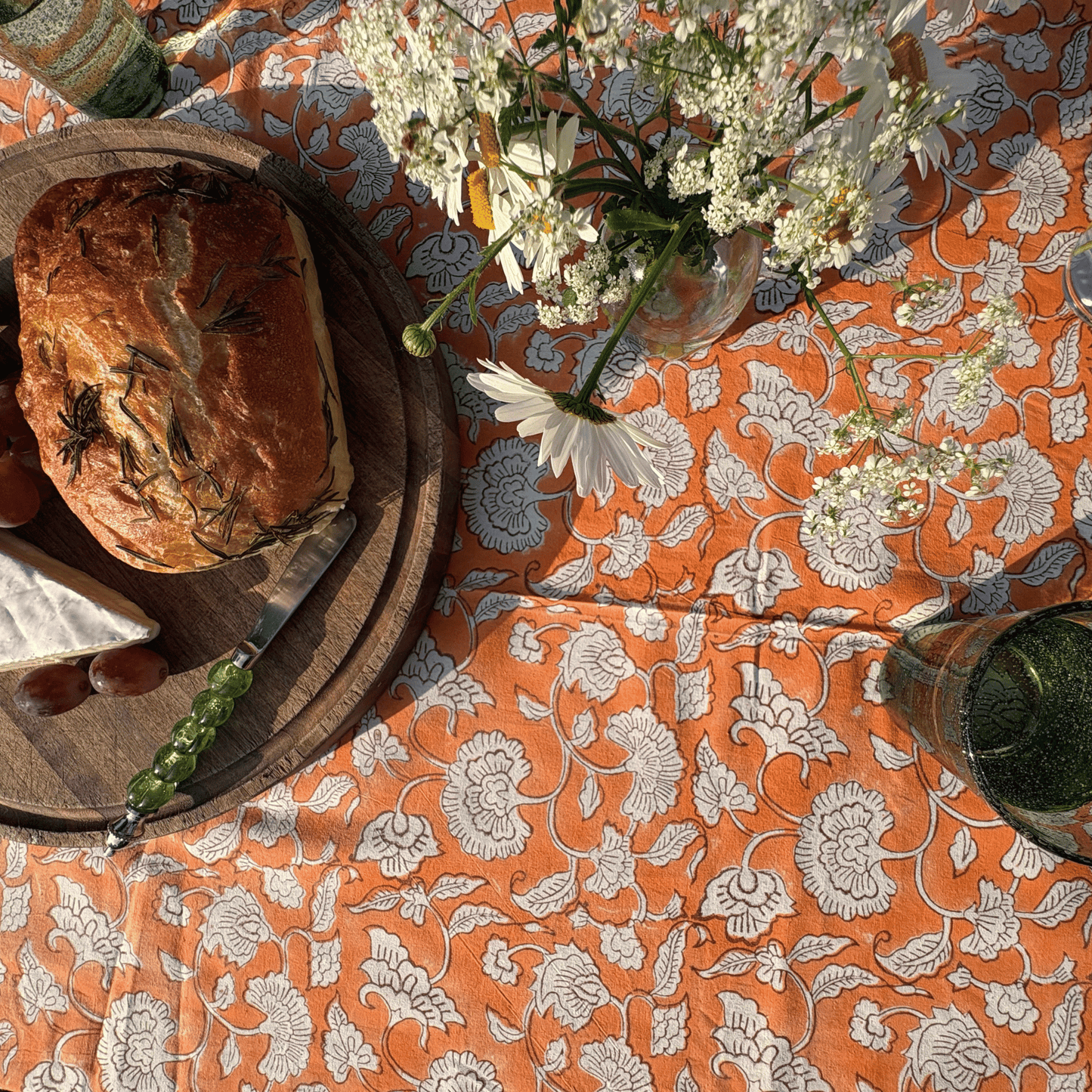 Orange Peony Print Hand Block Printed Tablecloth