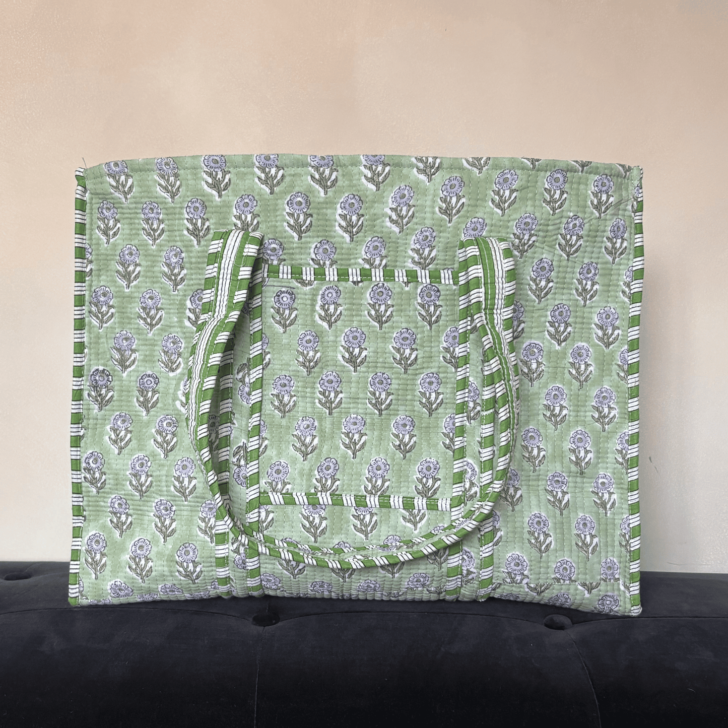 Green Hand Block Printed Tote Bag
