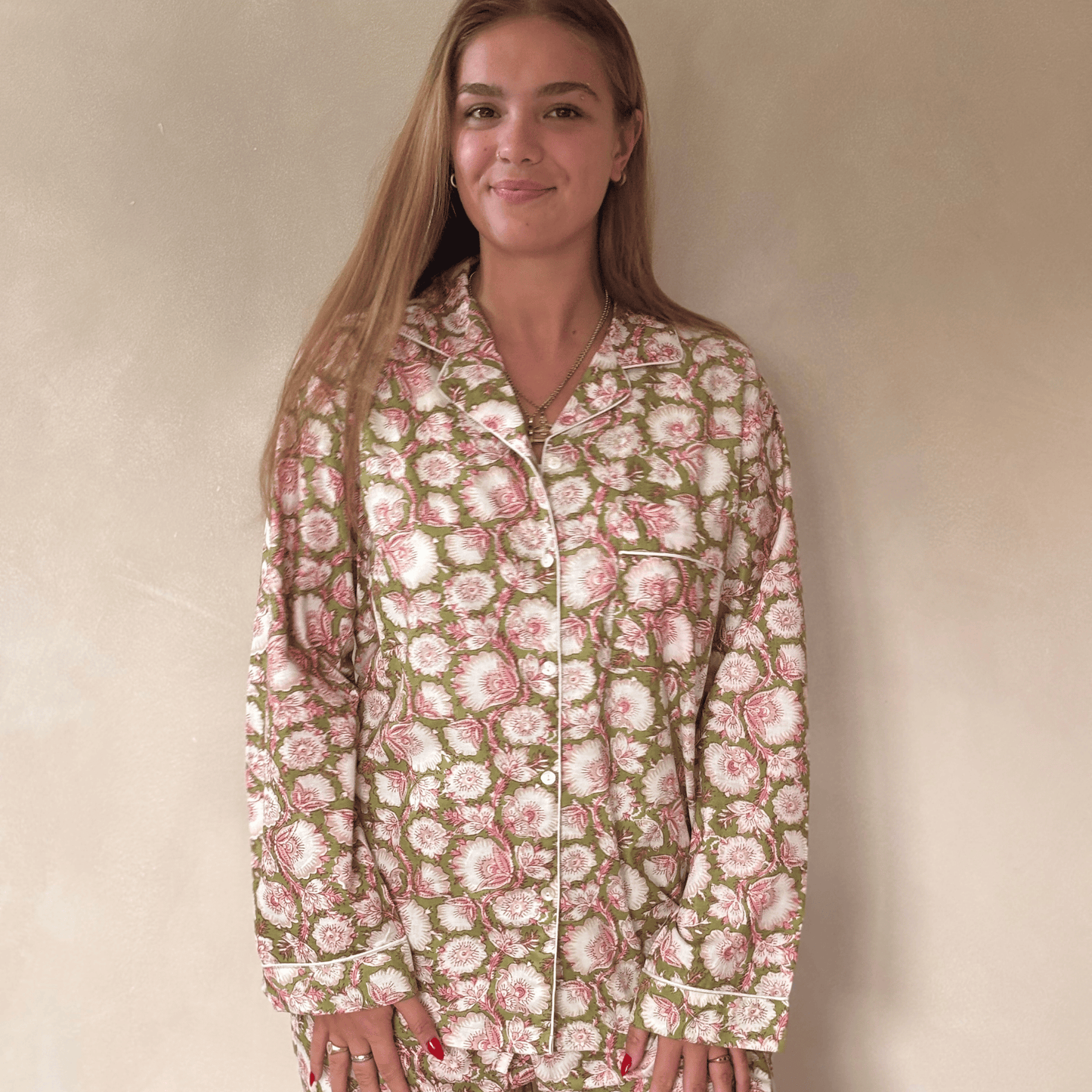 Green and Pink Flower Print Cotton Pyjamas