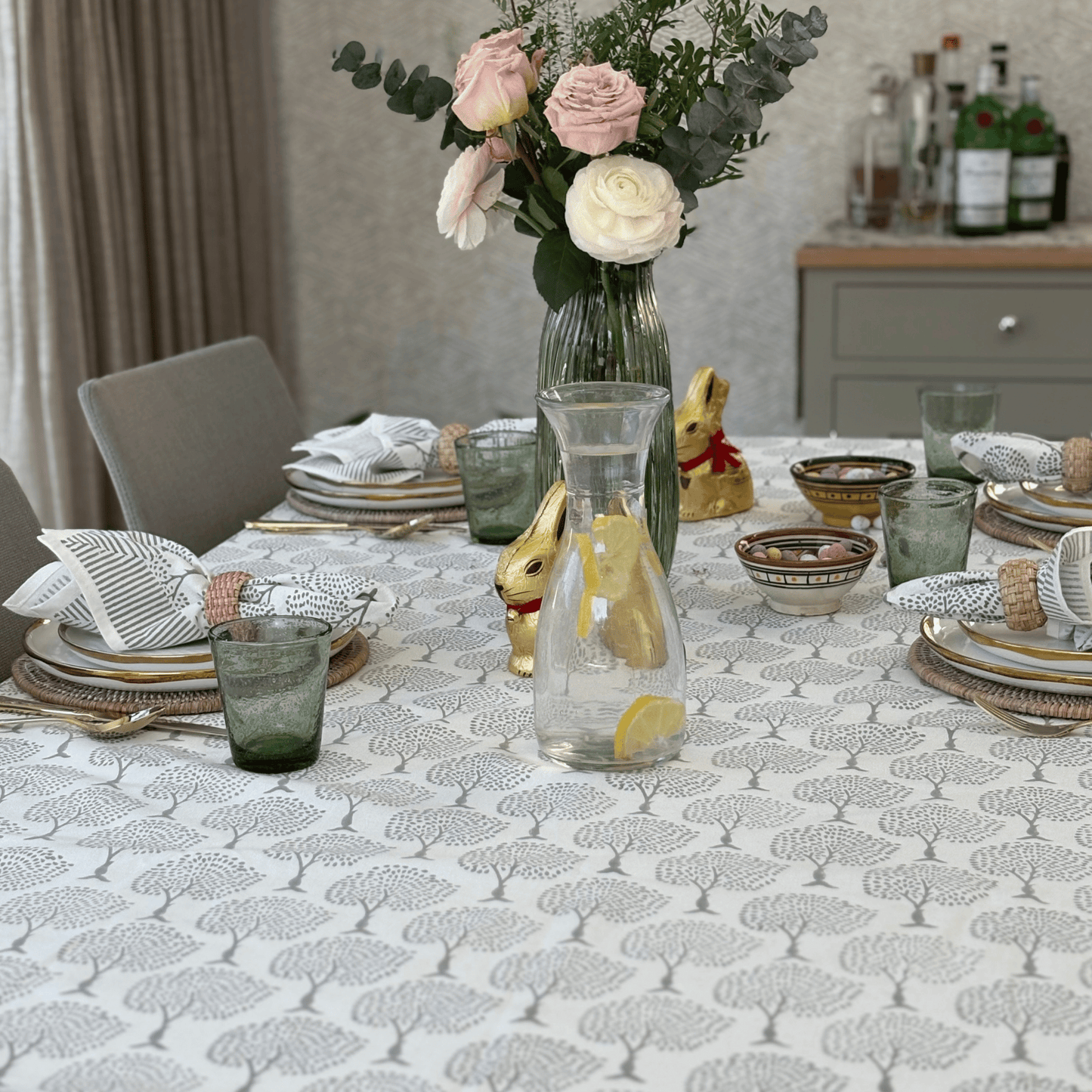 Grey Tree Hand Block Printed Tablecloth