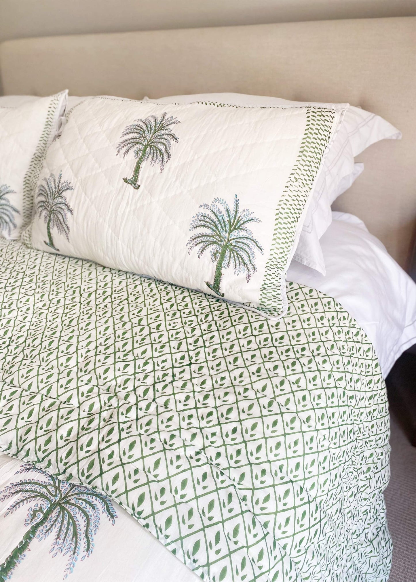 Hand Block Printed Quilt. Reversible Green and Blue Palm Tree Design