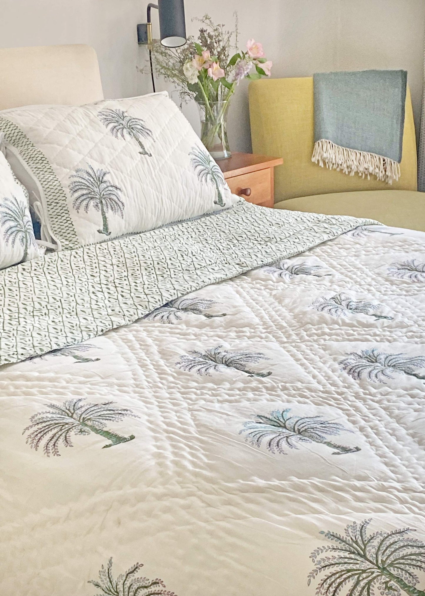Hand Block Printed Quilt. Reversible Green and Blue Palm Tree Design
