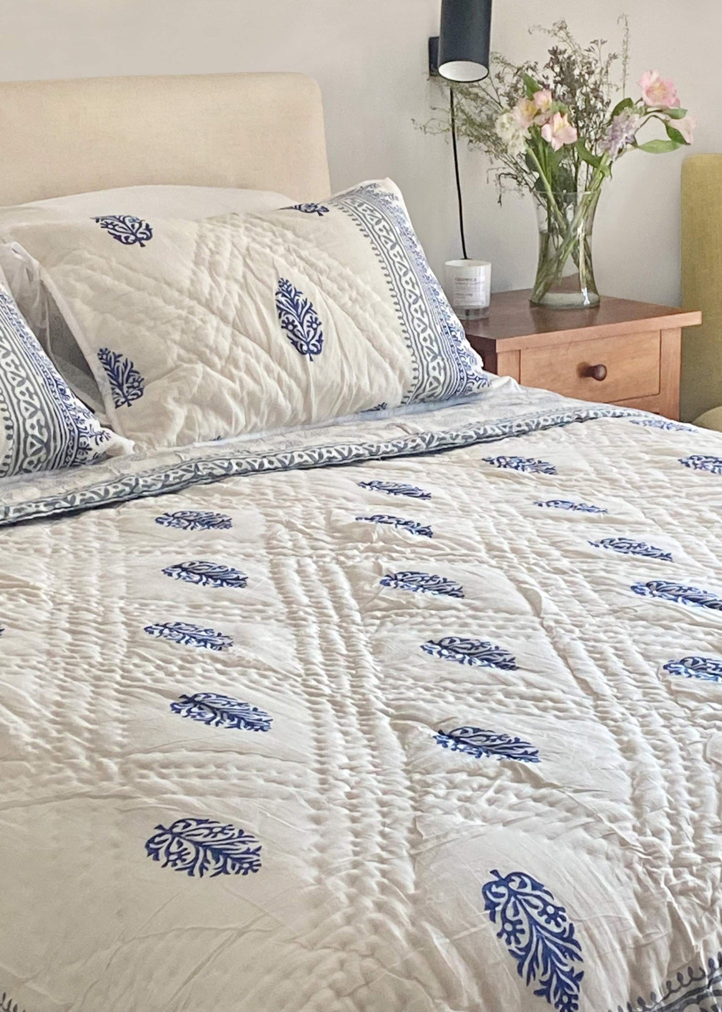 Hand Block Printed Quilt. Reversible Navy Blue and Teal Design