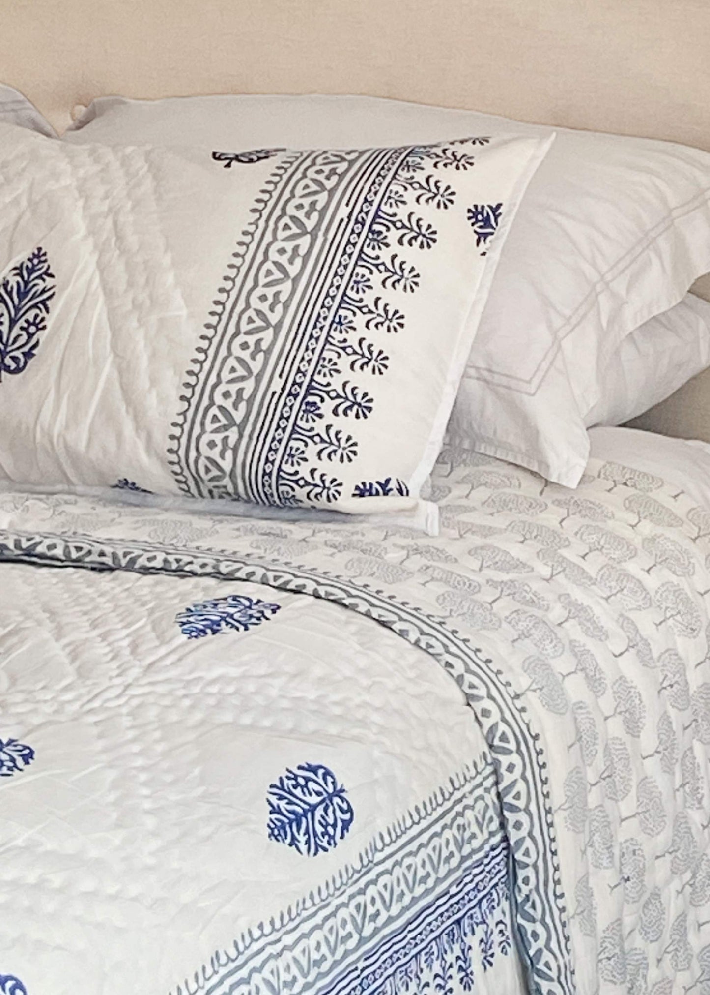 Hand Block Printed Quilt. Reversible Navy Blue and Teal Design