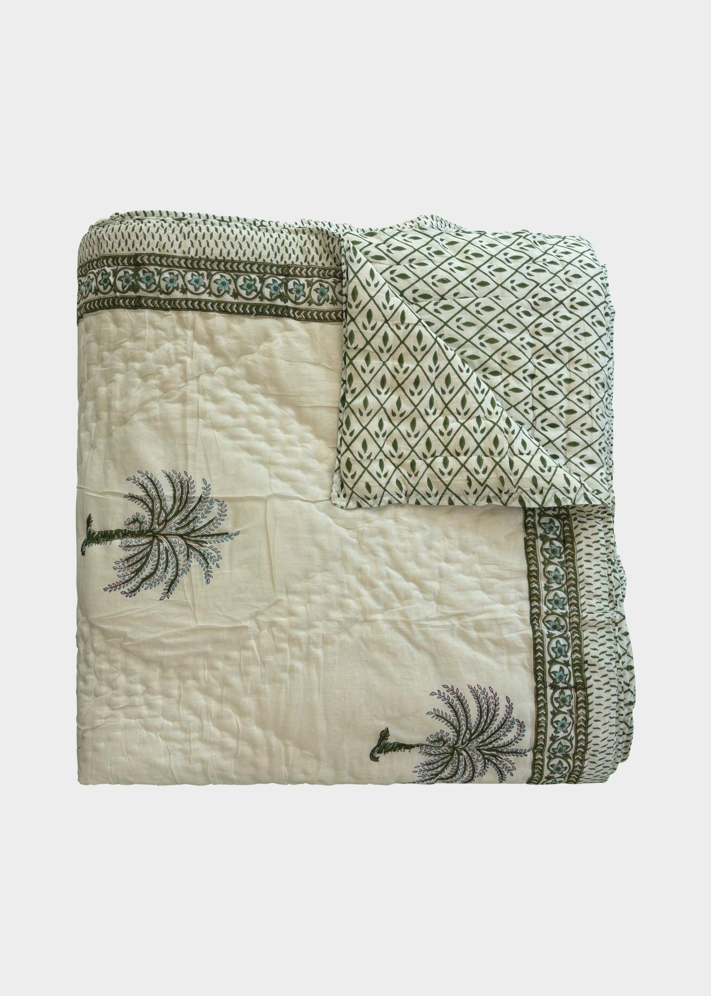 Hand Block Printed Quilt. Reversible Green and Blue Palm Tree Design