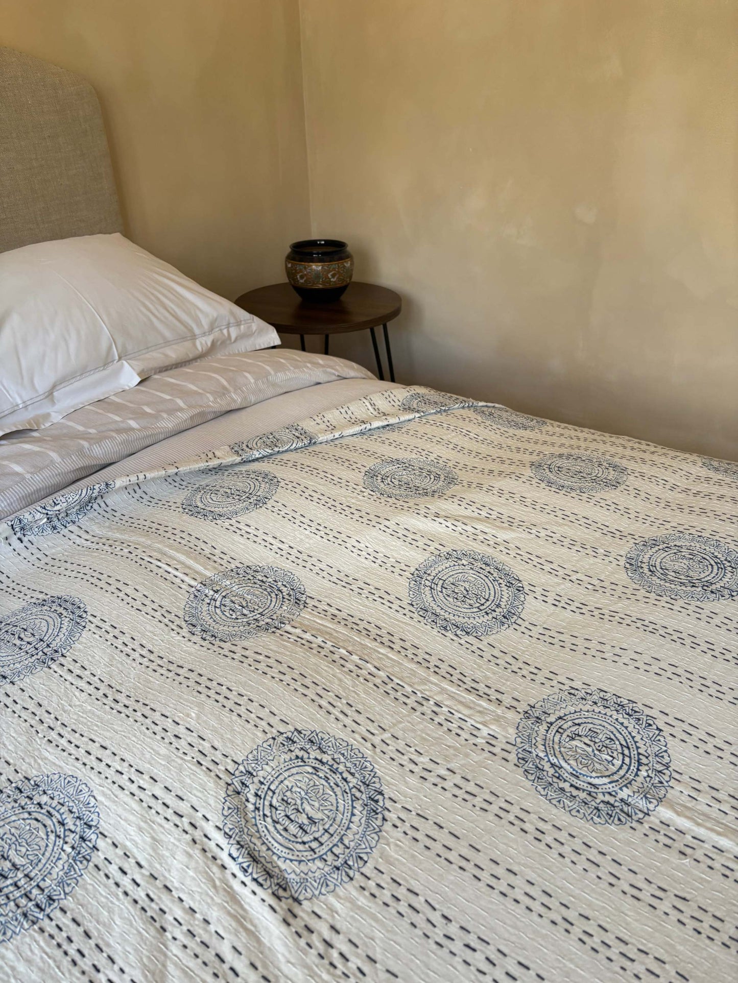 Kantha Quilt. Blue and White Circle Design Hand Block Printed