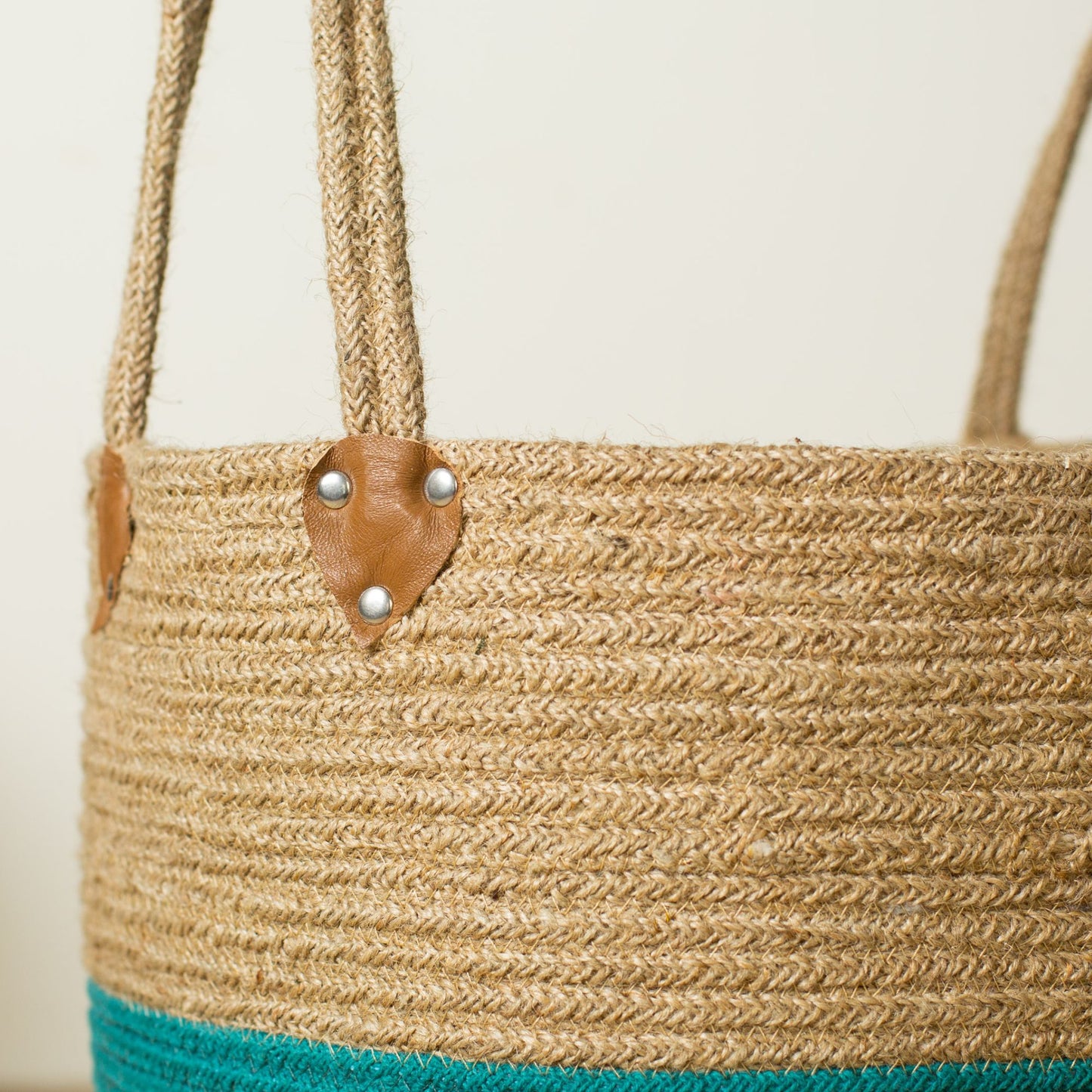 Handwoven Cotton Rope Storage Basket - Teal and Beige