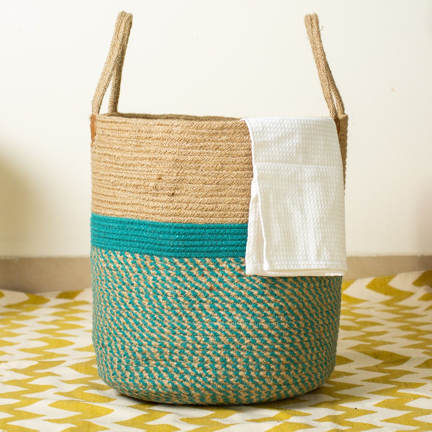 Handwoven Cotton Rope Storage Basket - Teal and Beige