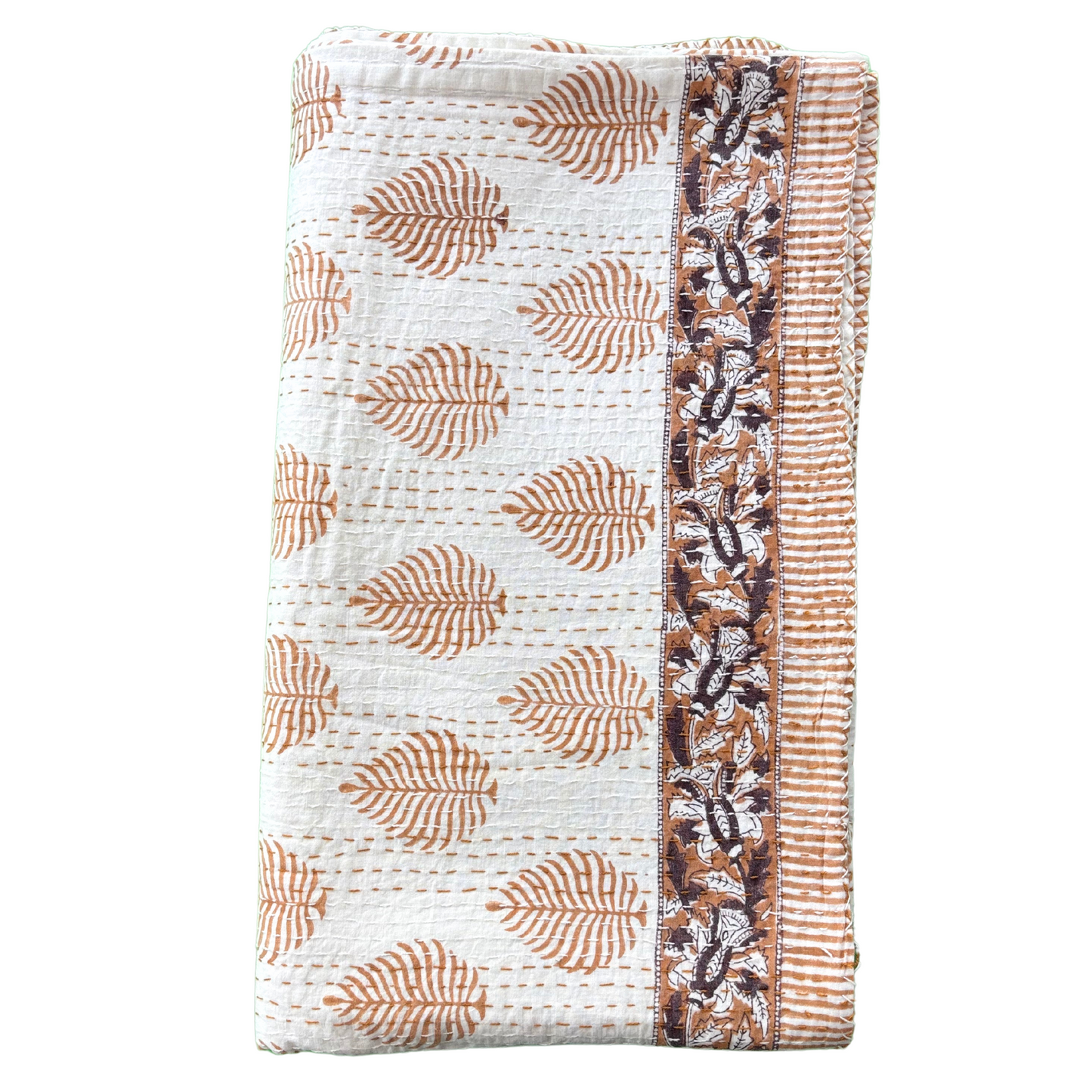 Kantha Quilt. Oatmeal Fern with Border Cotton Block Printed Kantha Quilt