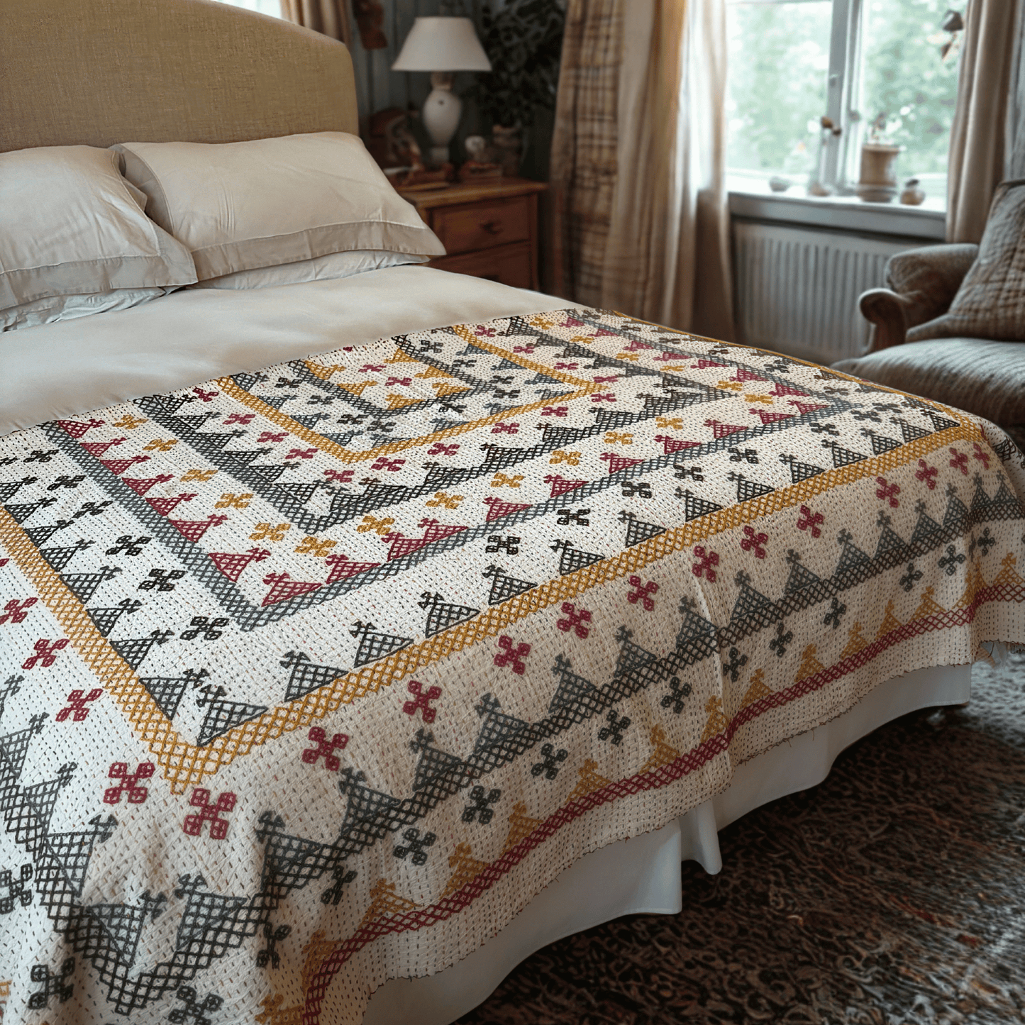 Hand Embroidered Kantha Quilt - Multi Coloured with Red Border