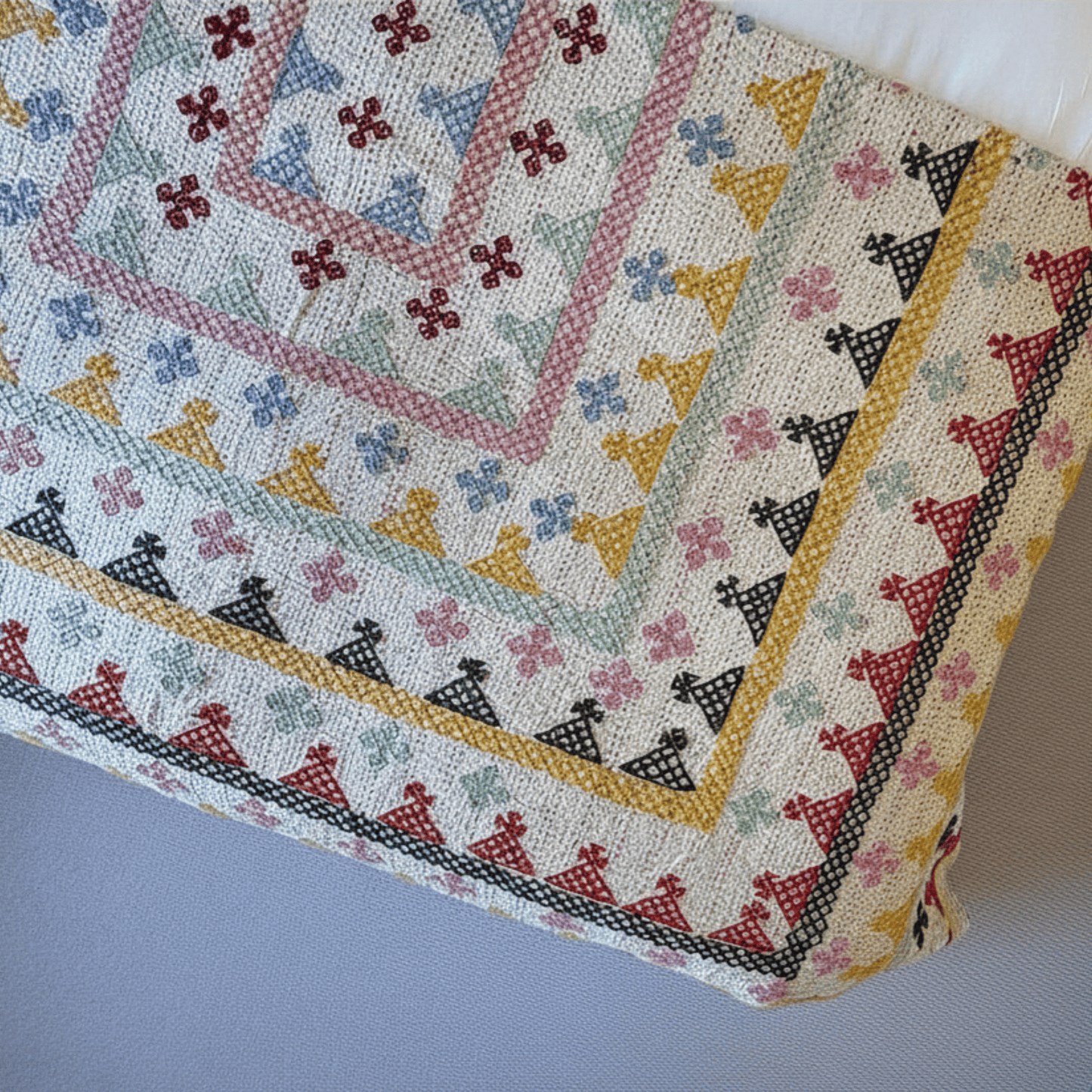 Hand Embroidered Kantha Quilt - Multi Coloured with Yellow Border