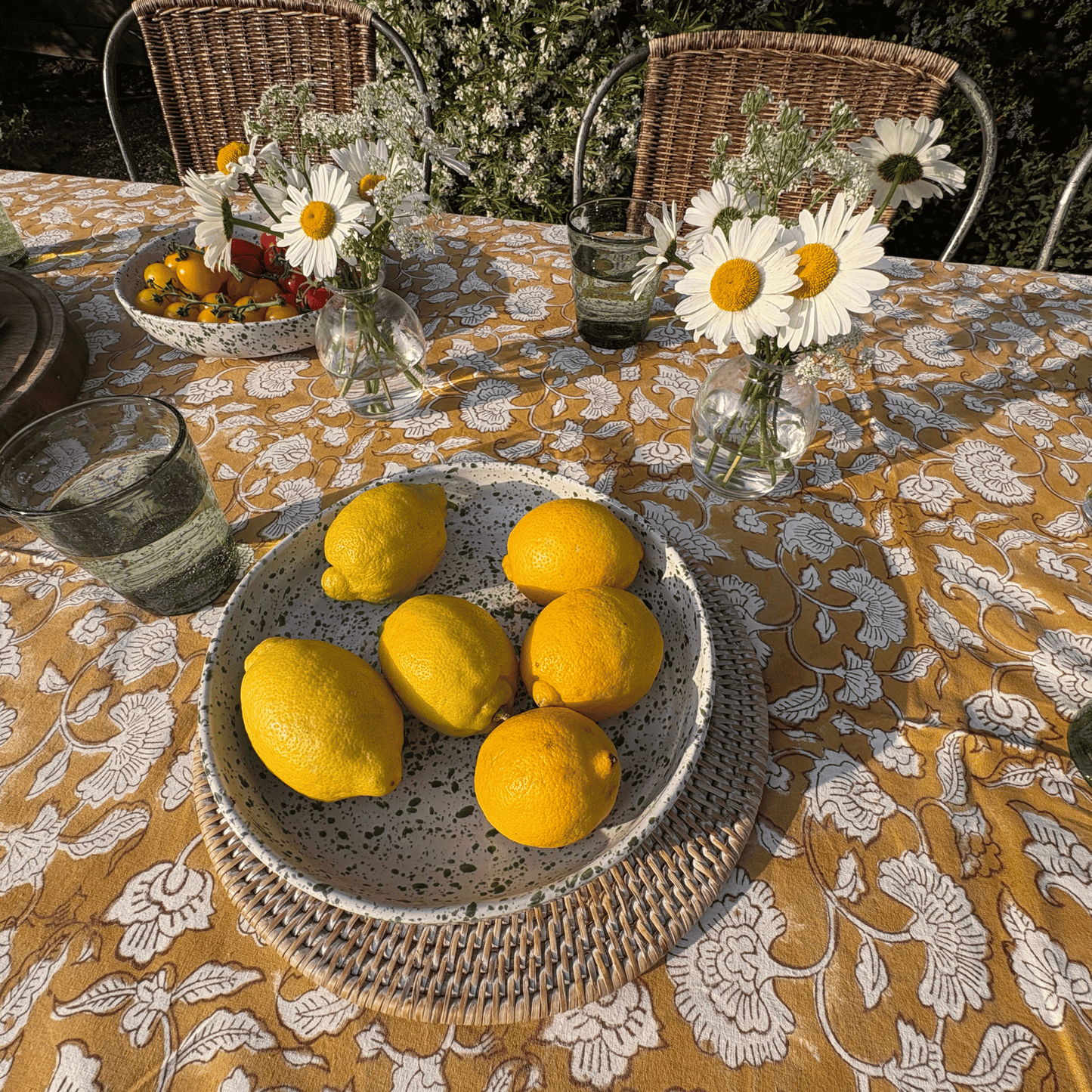 Mustard Peony Print Hand Block Printed Tablecloth