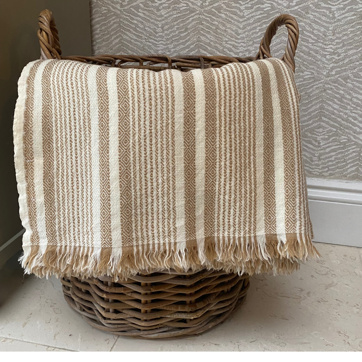 Merino Wool Throw in Oatmeal and Cream Stripe.