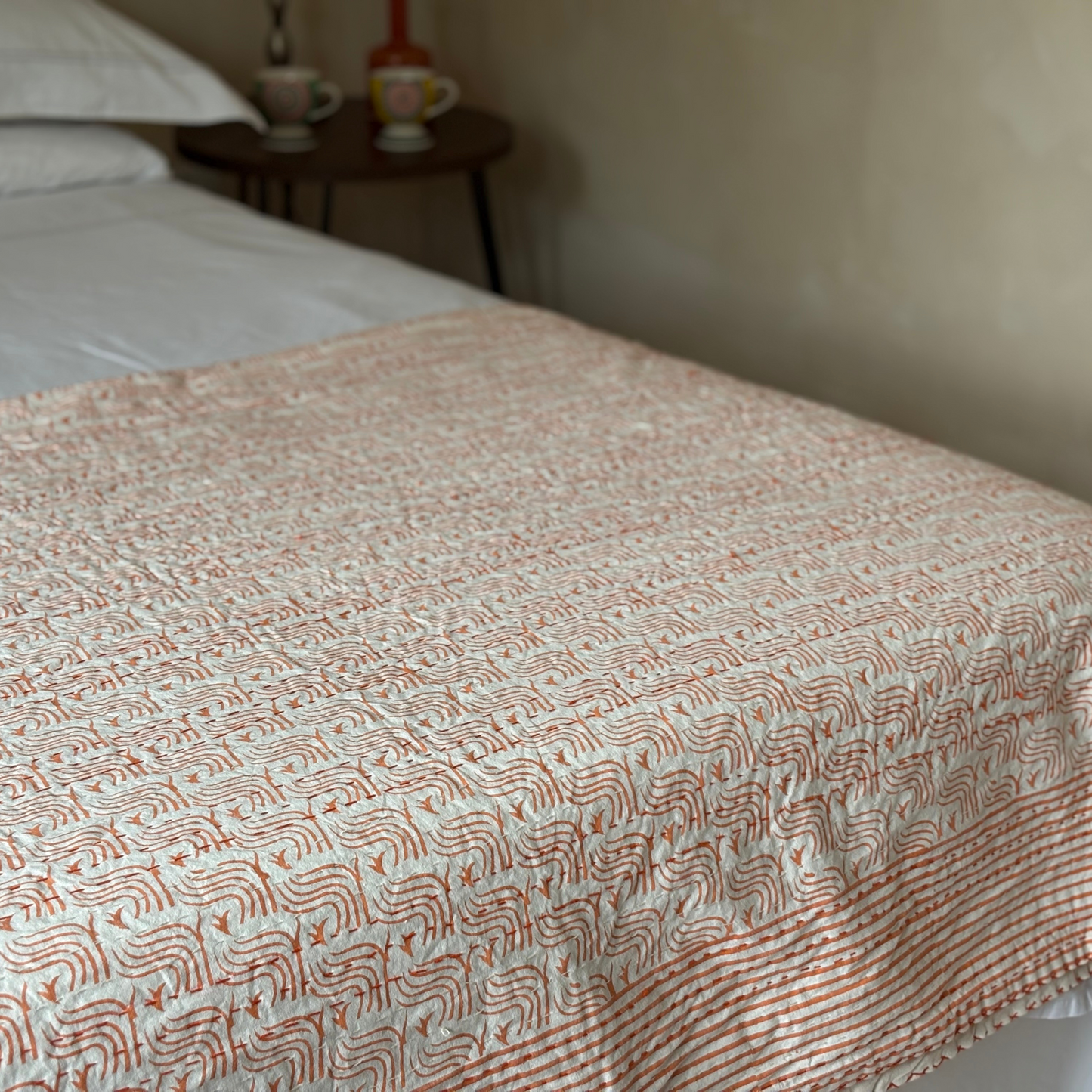 Orange and White Hand Block Printed Kantha Quilt in Geometric Design