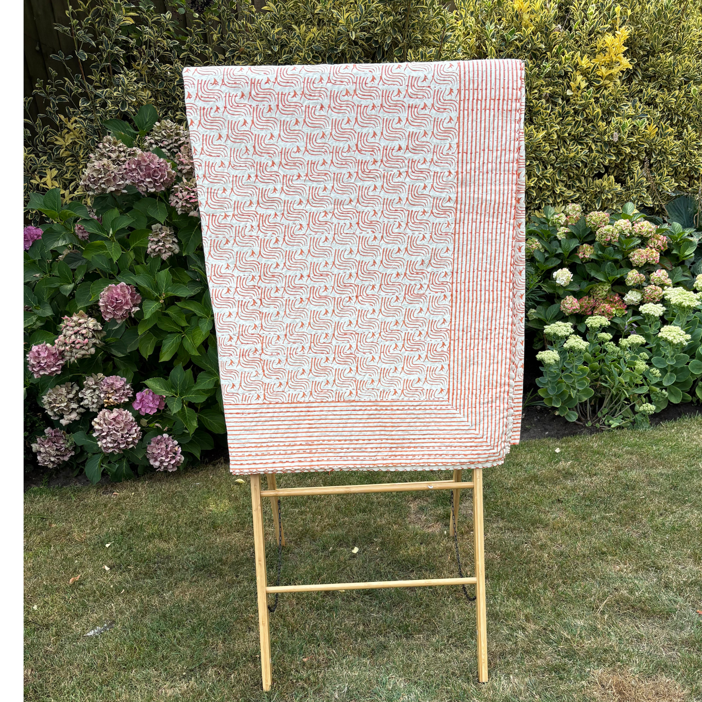 Orange and White Hand Block Printed Kantha Quilt in Geometric Design