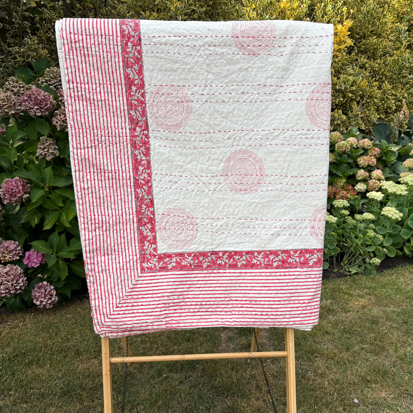 Pink and White Circle Design with Border Hand Block Printed Kantha Quilt