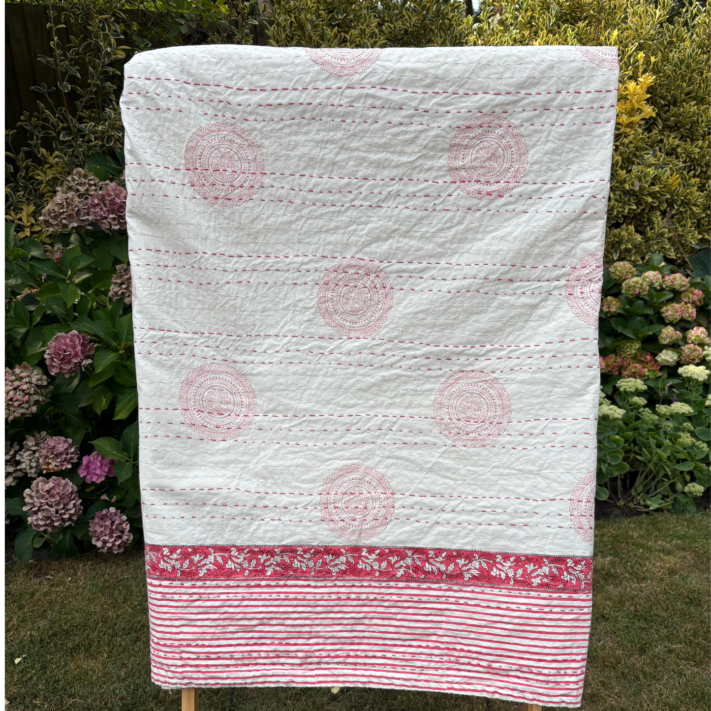 Pink and White Circle Design with Border Hand Block Printed Kantha Quilt