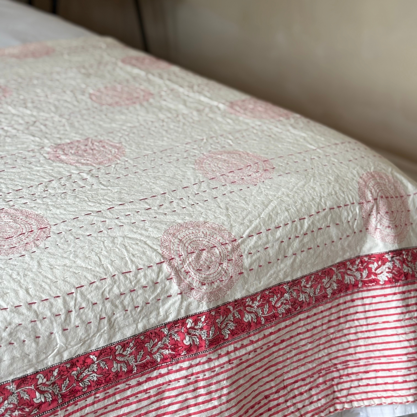 Pink and White Circle Design with Border Hand Block Printed Kantha Quilt