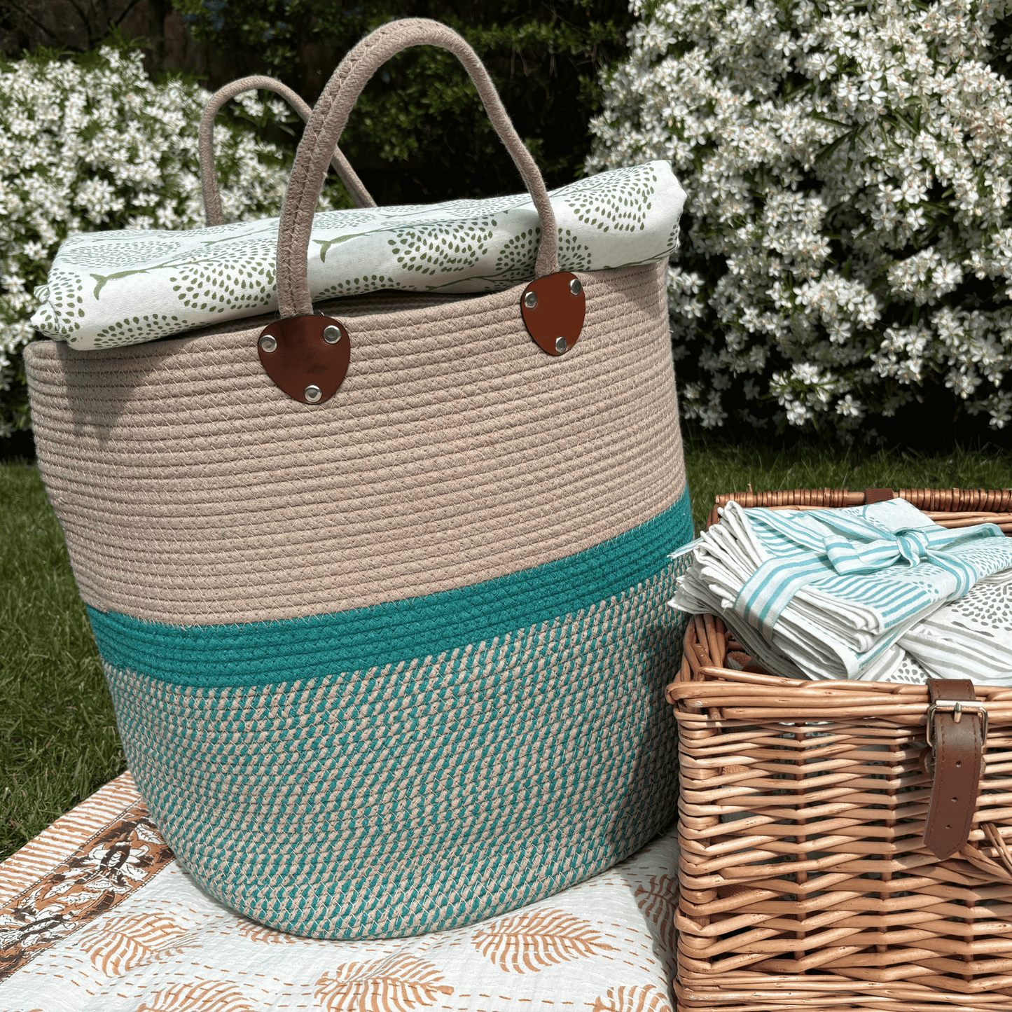 Handwoven Cotton Rope Storage Basket - Teal and Beige
