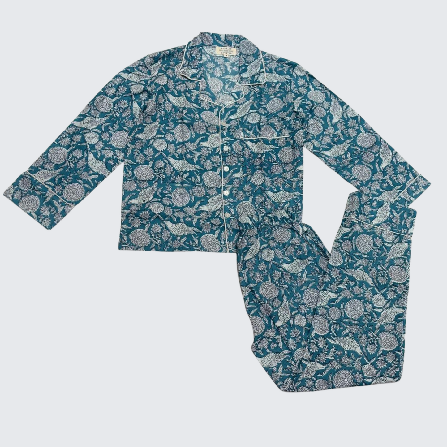 Blue Flower and Bird Print 100% Cotton Pyjamas