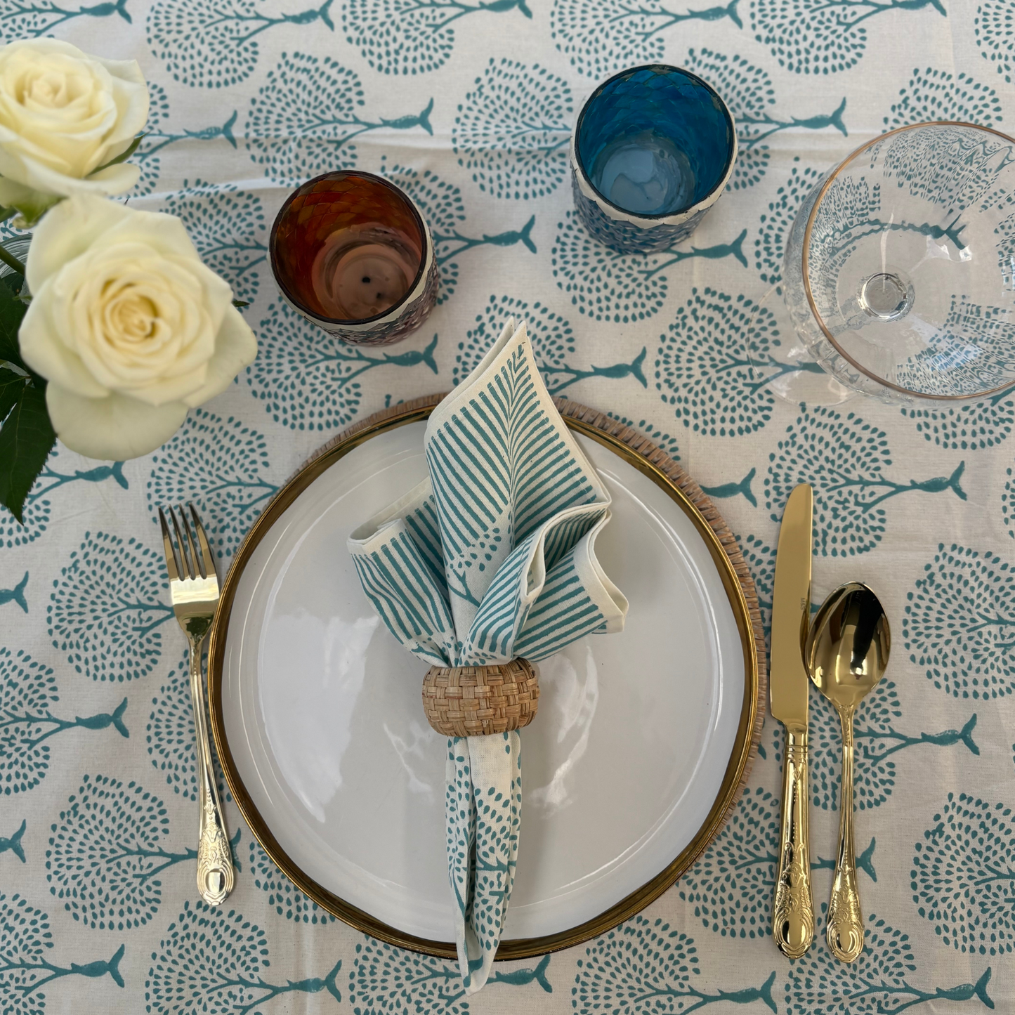 Blue Tree Hand Block Printed Tablecloth