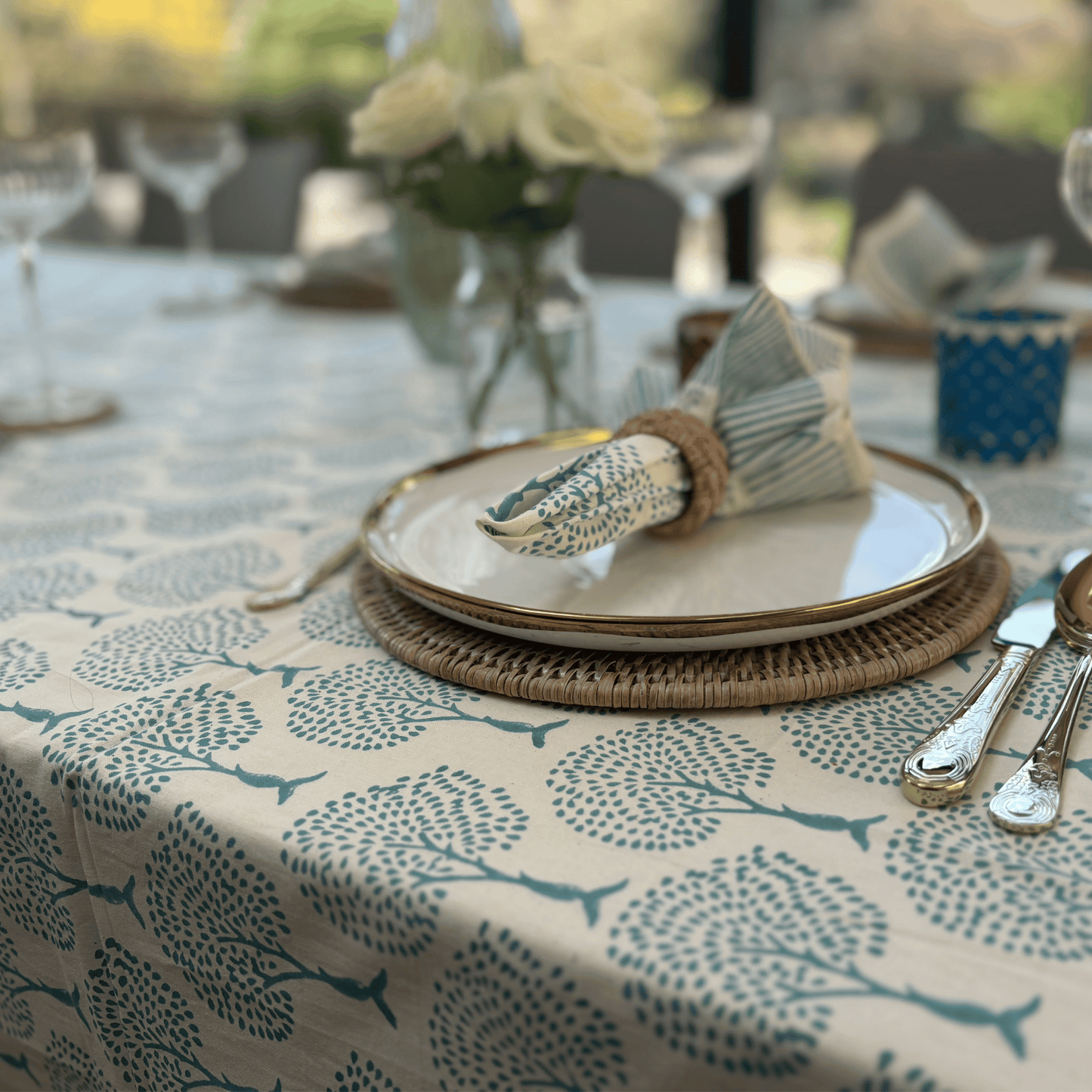 Blue Tree Hand Block Printed Tablecloth