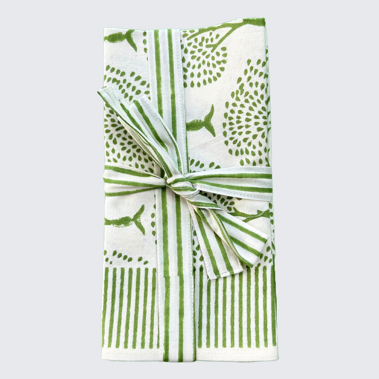 Cotton Napkin. Hand Block Printed in Green Tree Design