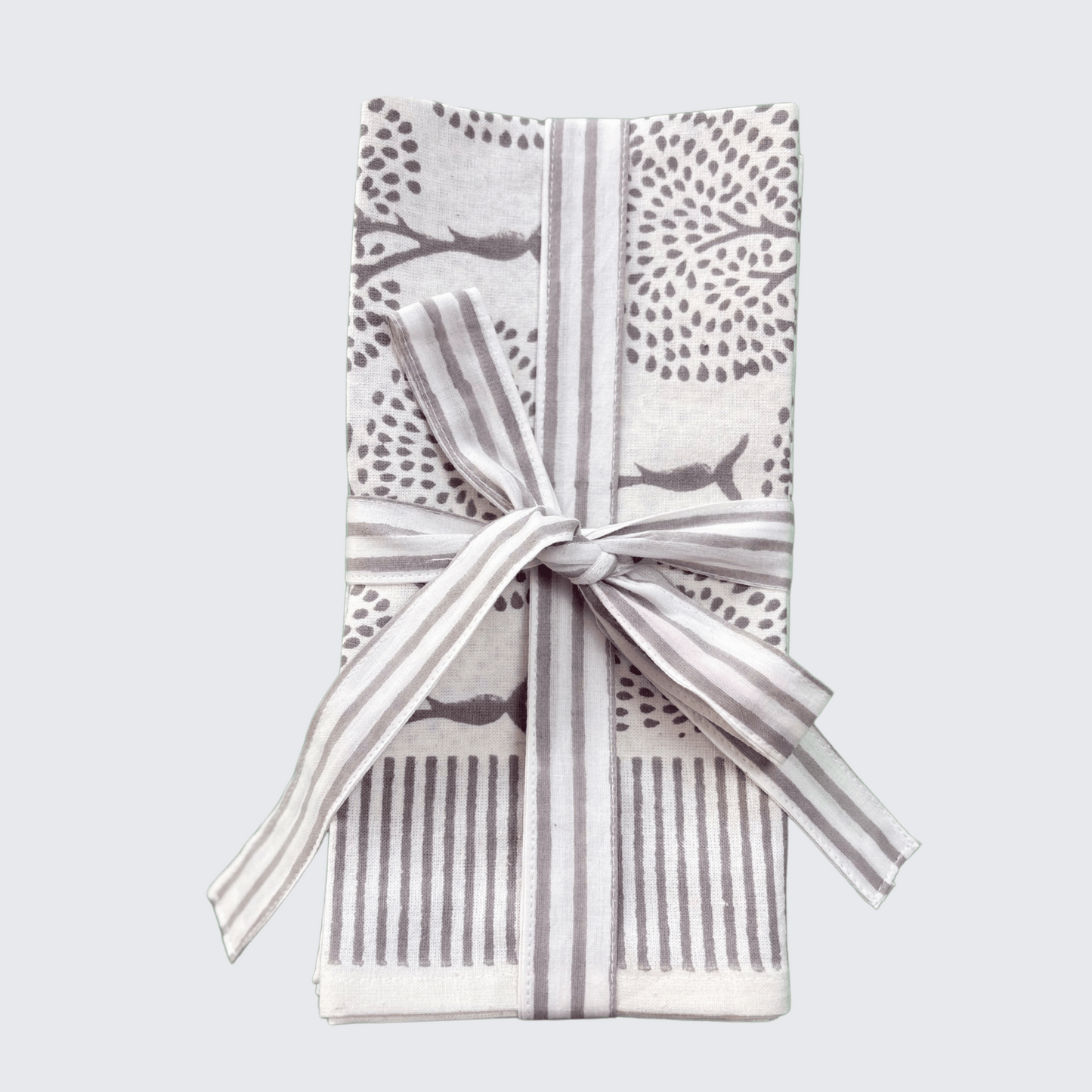 Cotton Napkin. Hand Block Printed in Grey Tree Design