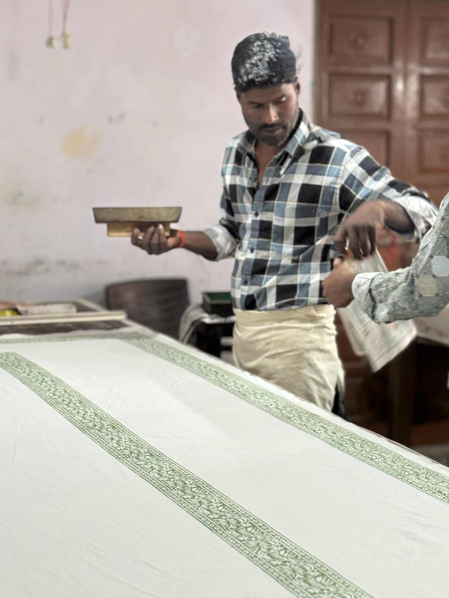 Watch our hand block printed tablecloths in production