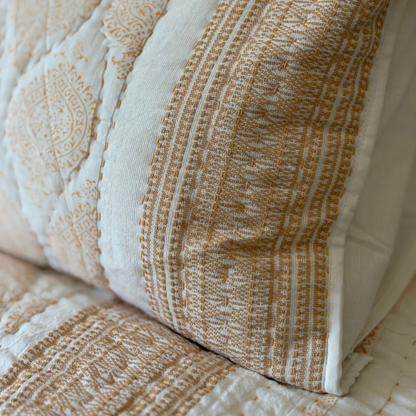 Apricot Spade Design Hand Block Printed Quilt With Embroidered Section