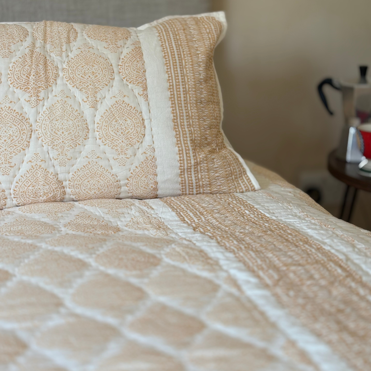 Apricot Spade Design Hand Block Printed Quilt With Embroidered Section