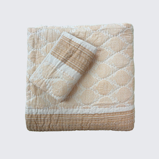 Apricot Spade Design Hand Block Printed Quilt With Embroidered Section