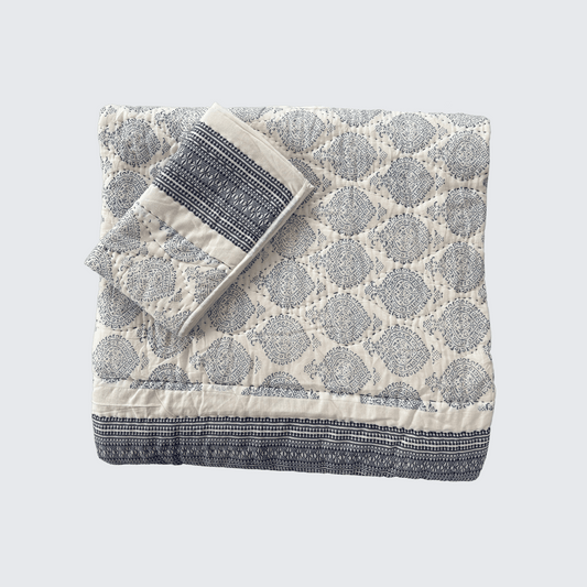 Blue Spade Design Hand Block Printed Cotton Quilt with Embroidered Section