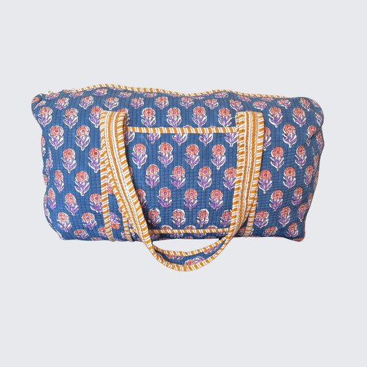 Marine Blue Hand Block Printed Weekend Bag