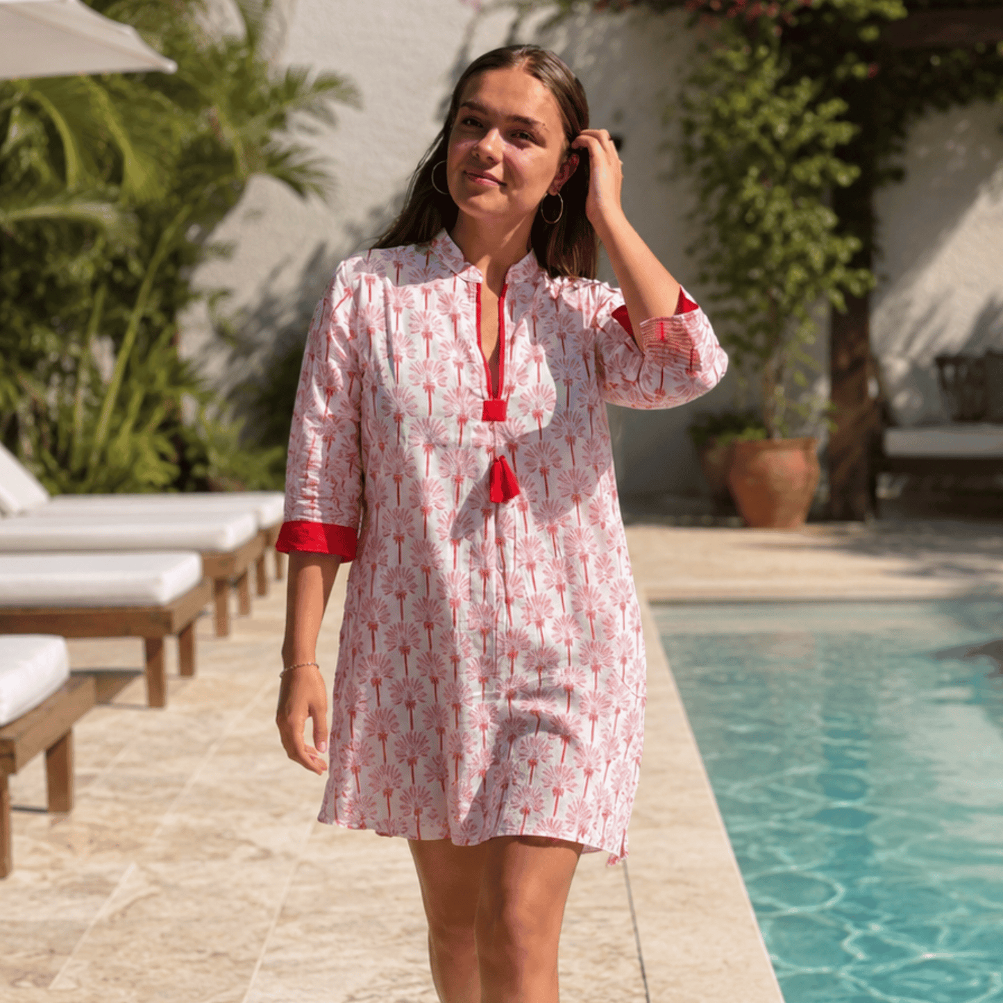 Cotton Amelia Tunic in Coral Palm Tree Print
