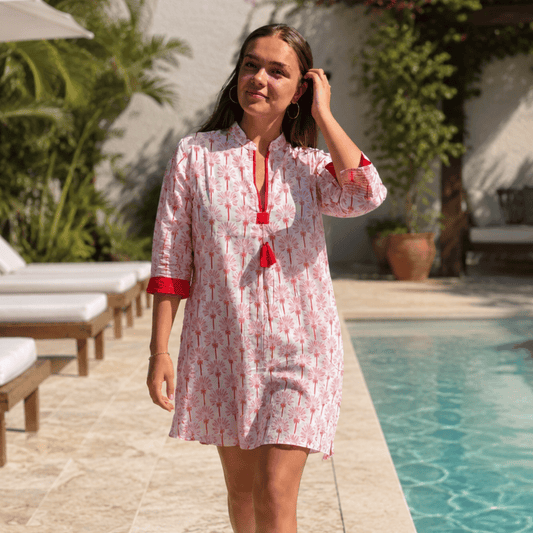 Cotton Amelia Tunic in Coral Palm Tree Print