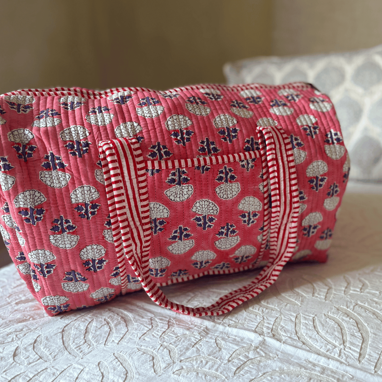 Coral Hand Block Printed Weekend Bag