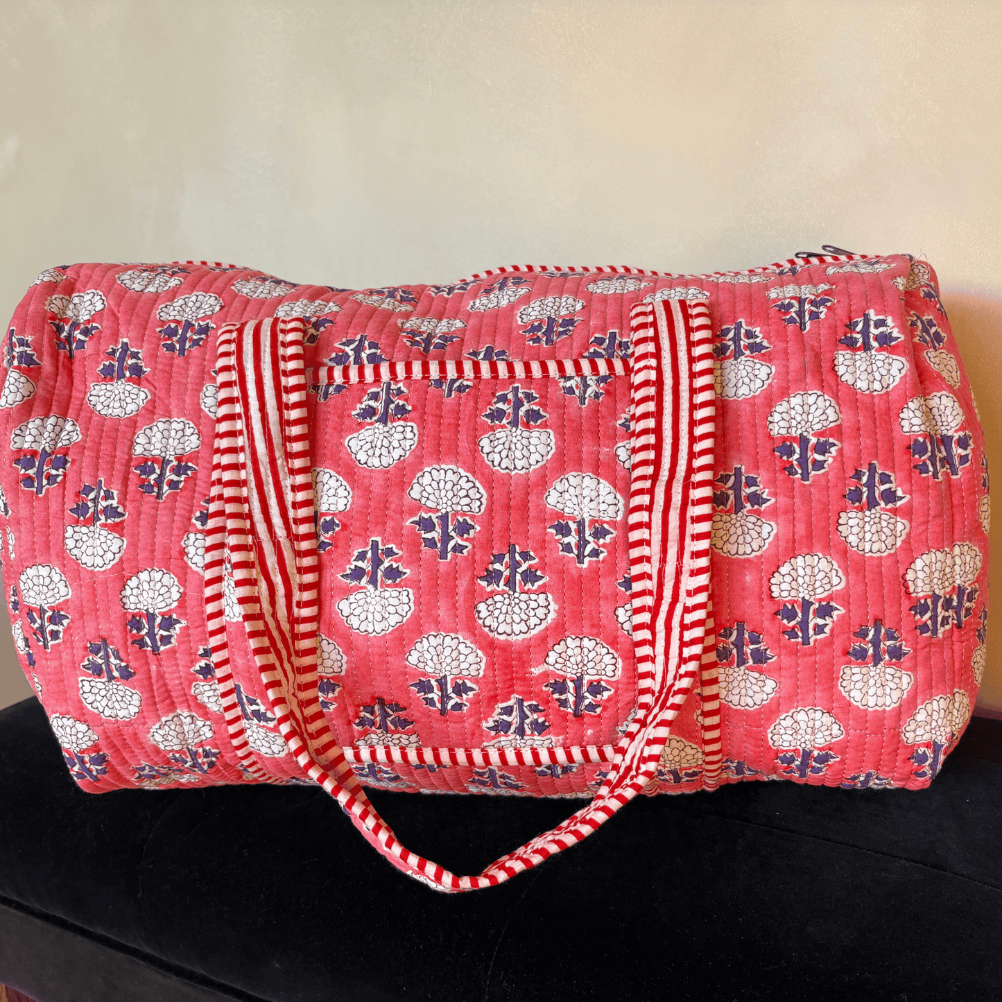 Coral Hand Block Printed Weekend Bag