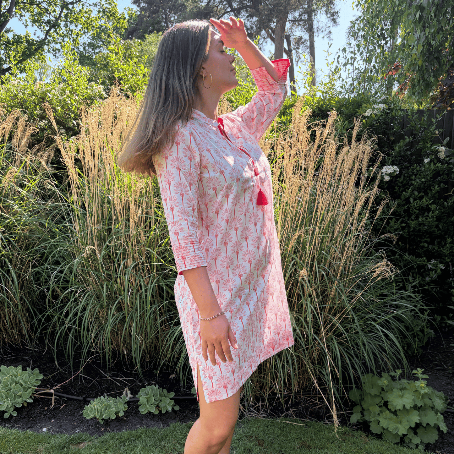 Cotton Amelia Tunic in Coral Palm Tree Print