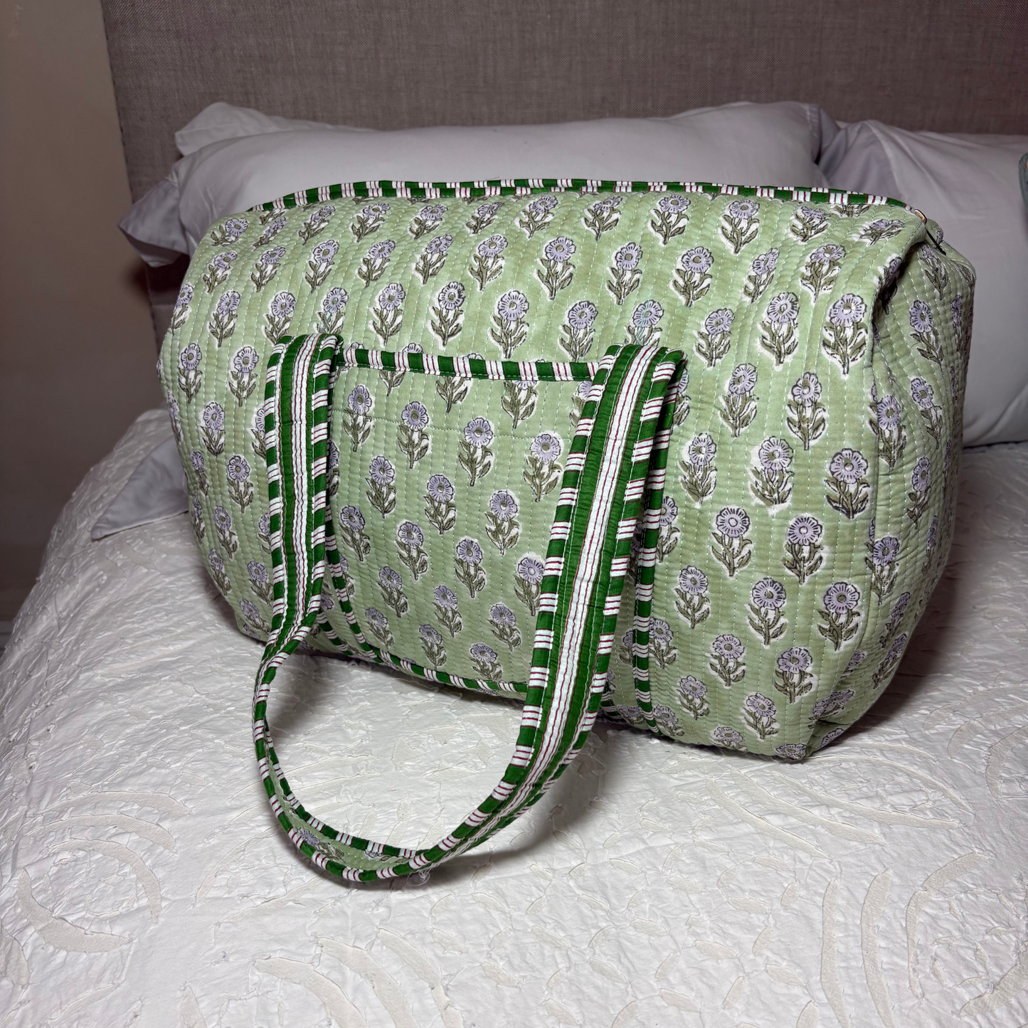 Green Hand Block Printed Weekend Bag