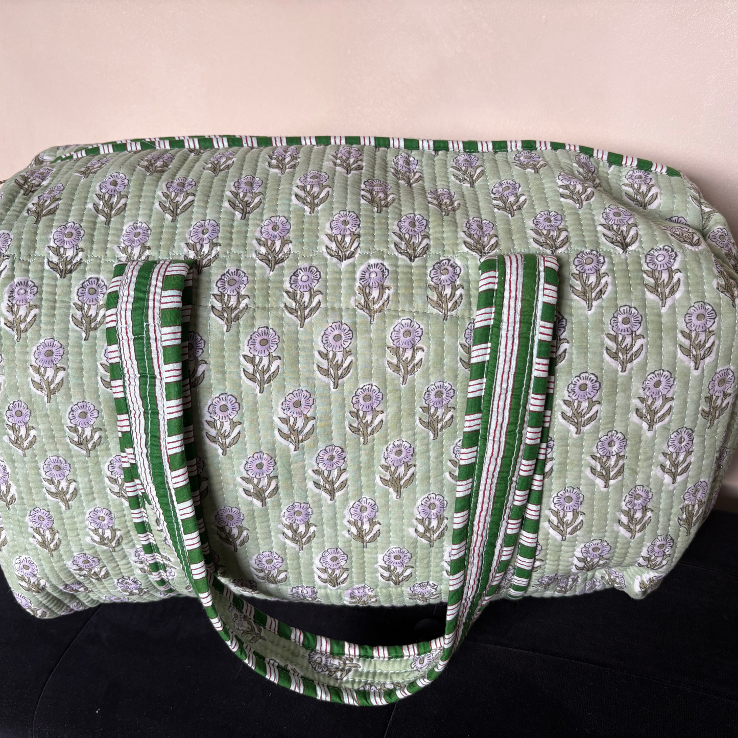 Green Hand Block Printed Weekend Bag