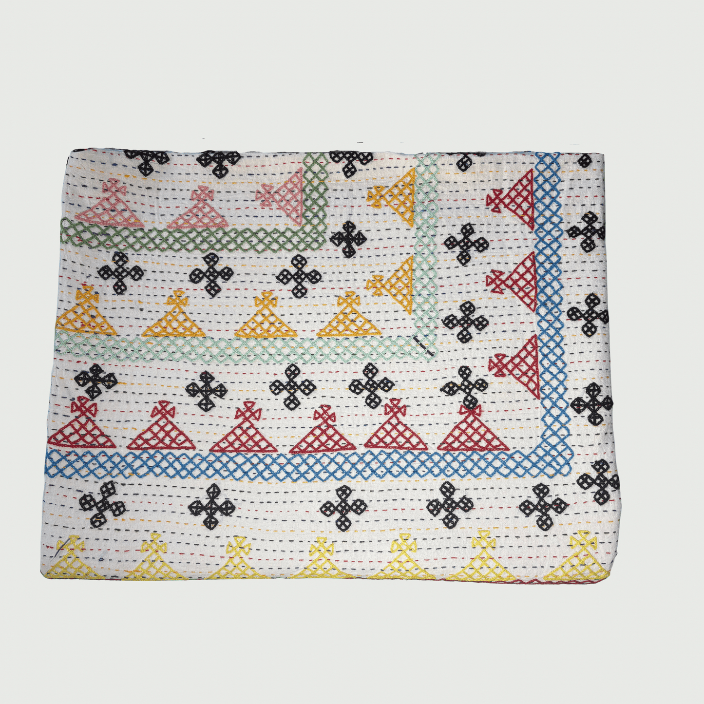 Hand Embroidered Kantha Quilt - Multi Coloured with Green Border